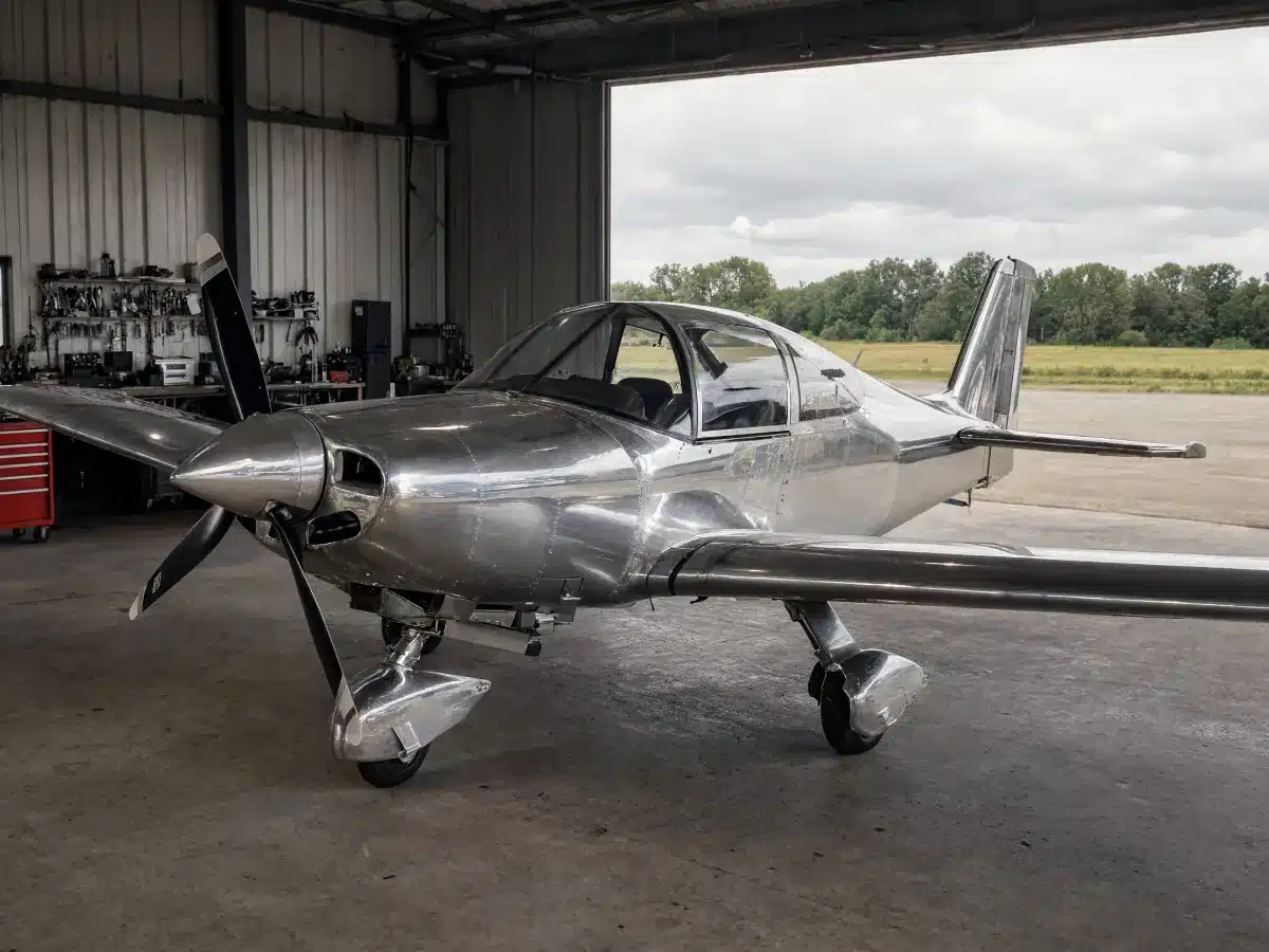 A homebuilt sport airplane in a hangar