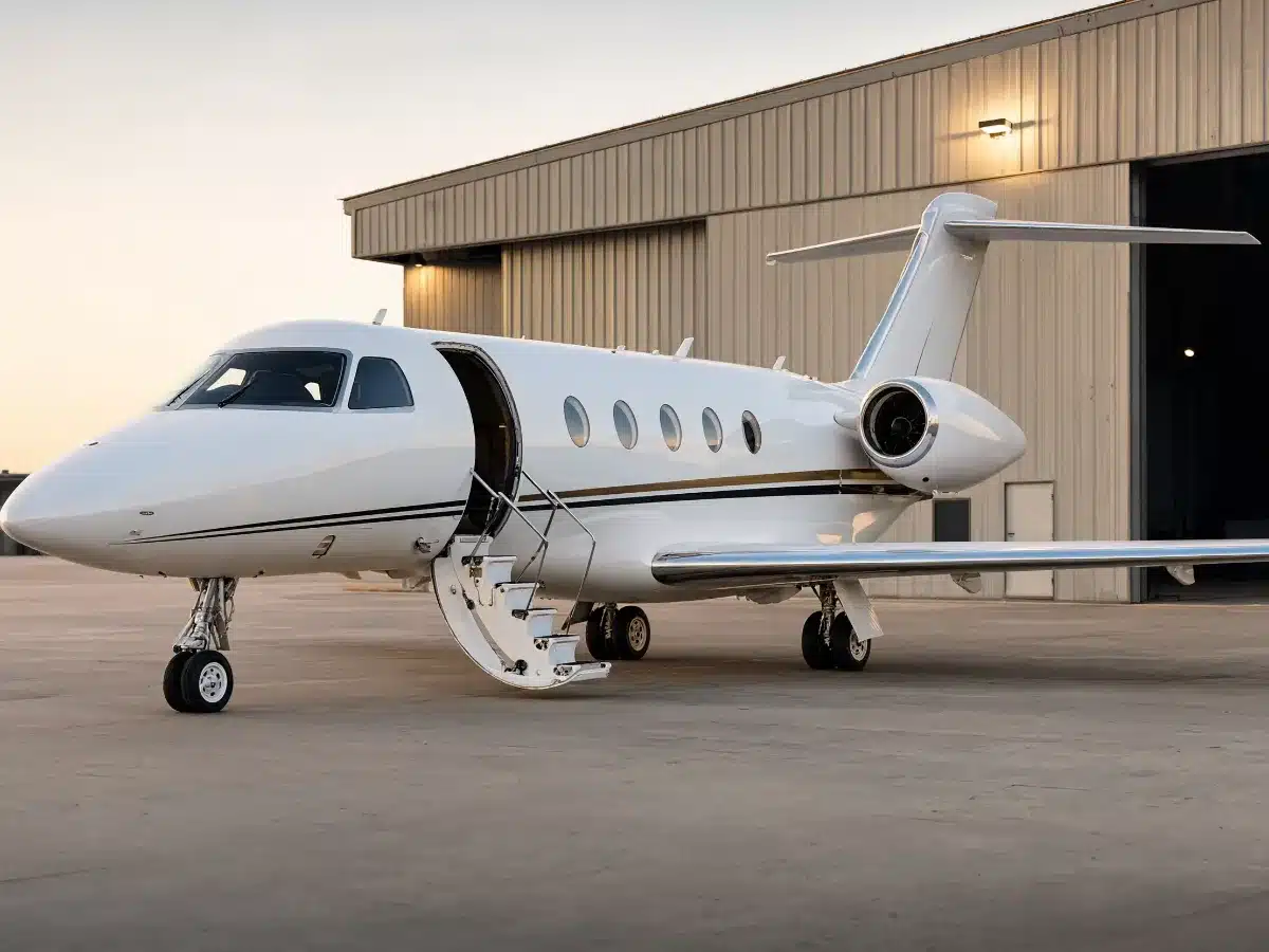 A light business jet parked outside a hangar
