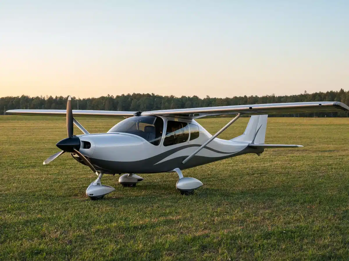 A light sport aircraft on a grass strip