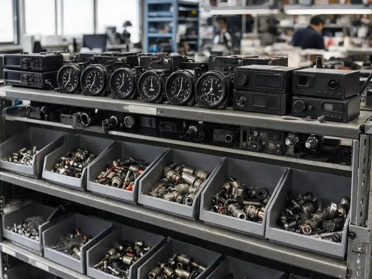Aircraft parts and avionics on shop shelves
