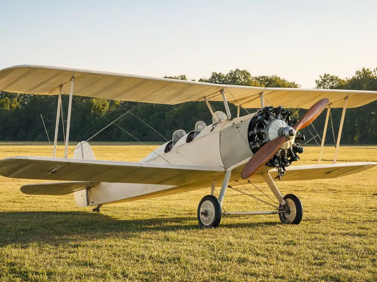 A vintage radial-engine biplane on grass