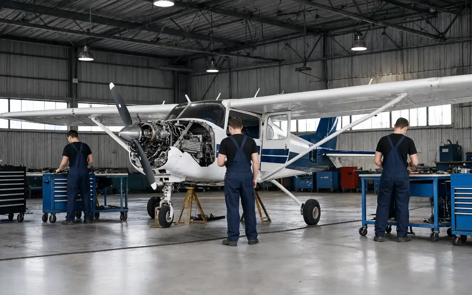 Students working on an aircraft engine in a maintenance classroom
