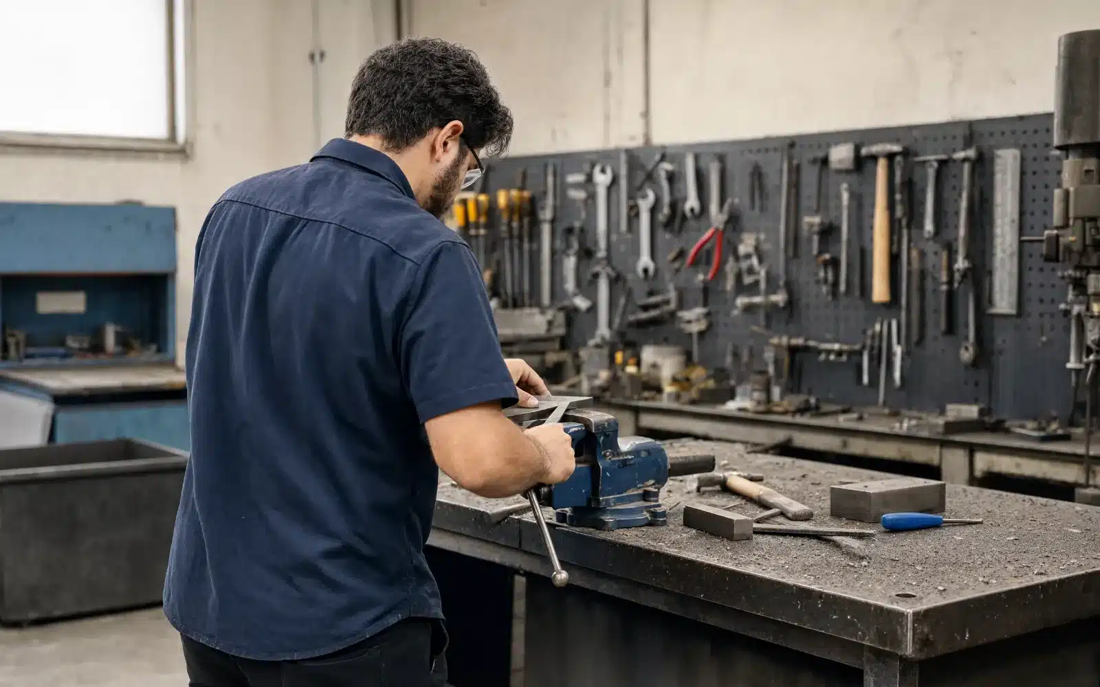 A veteran working at a bench in a vocational workshop