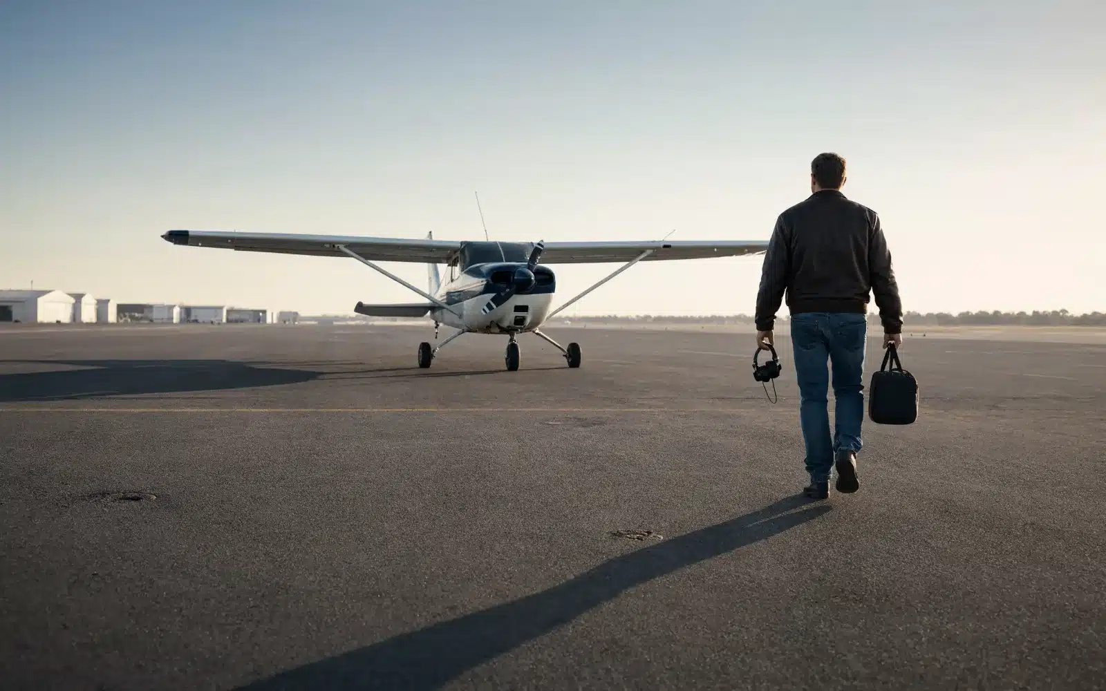 A ferry pilot walking out to a light airplane, seen from behind